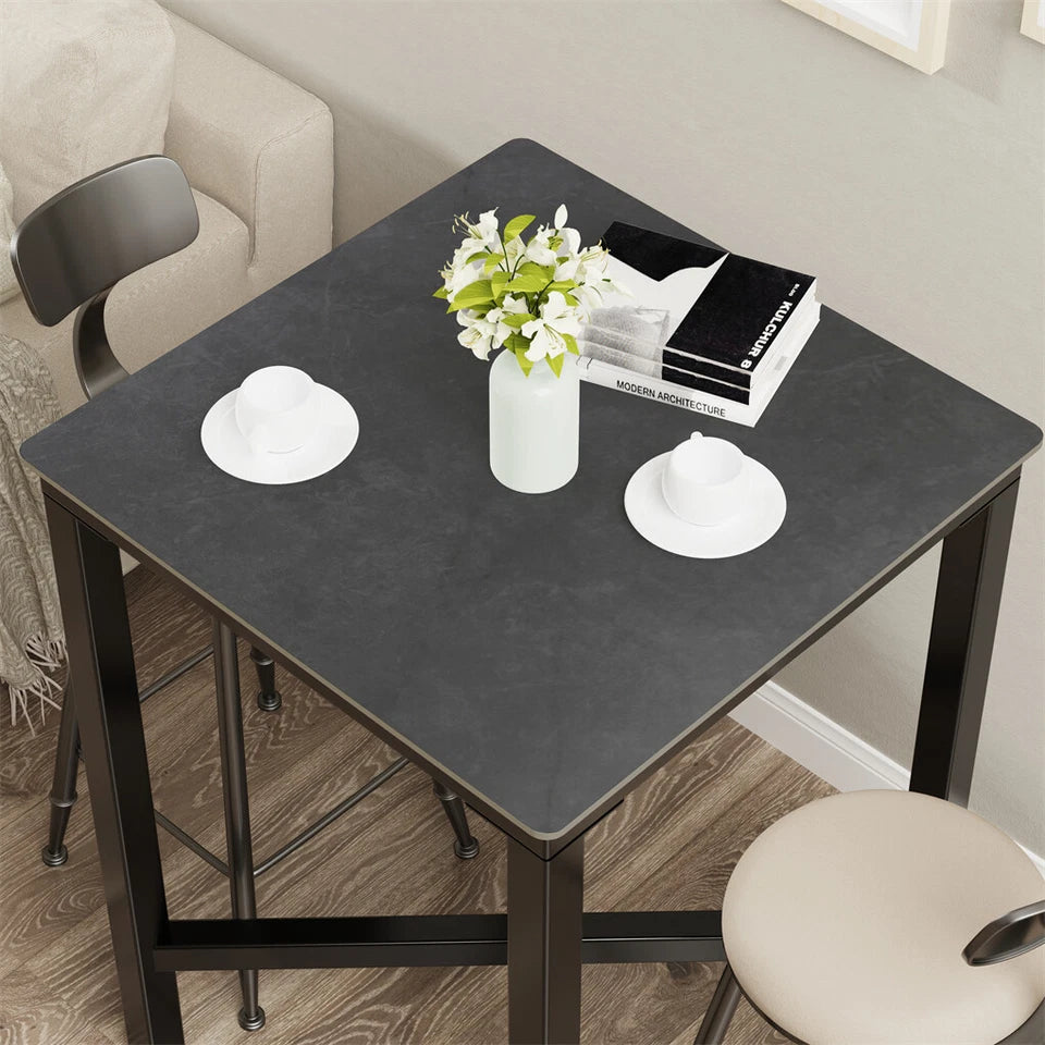 Matte Grey Square High-Top Bar Table With Sintered Stone Top And Sleek X Base