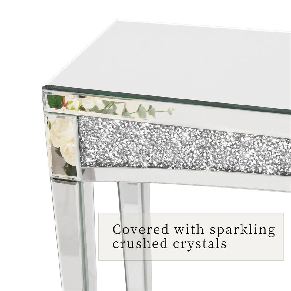 Silver Crushed Diamond Console Table With Mirror Finish And Glass Legs