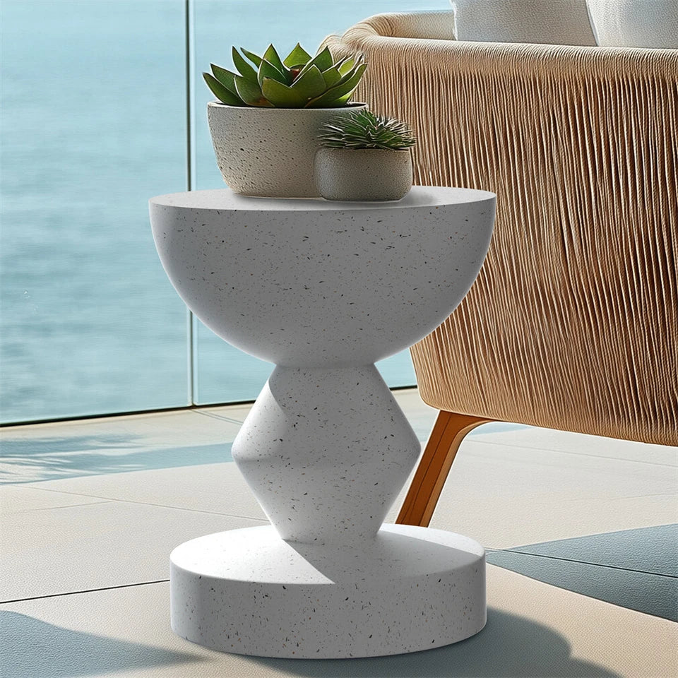 White Concrete Side Table With Sculpted Design For Indoor Or Patio Use
