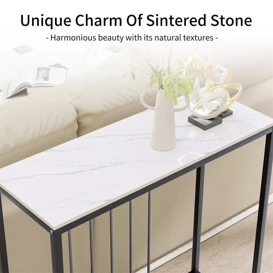 White Grey Sintered Stone Console Table With Sleek Modern Metal Legs