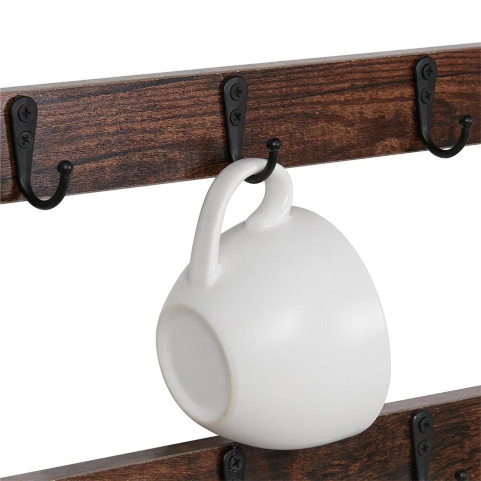 Wall Mounted Shelf Mug Cup Cupboard Kitchen Organiser Hooks Hanging Rack Holder