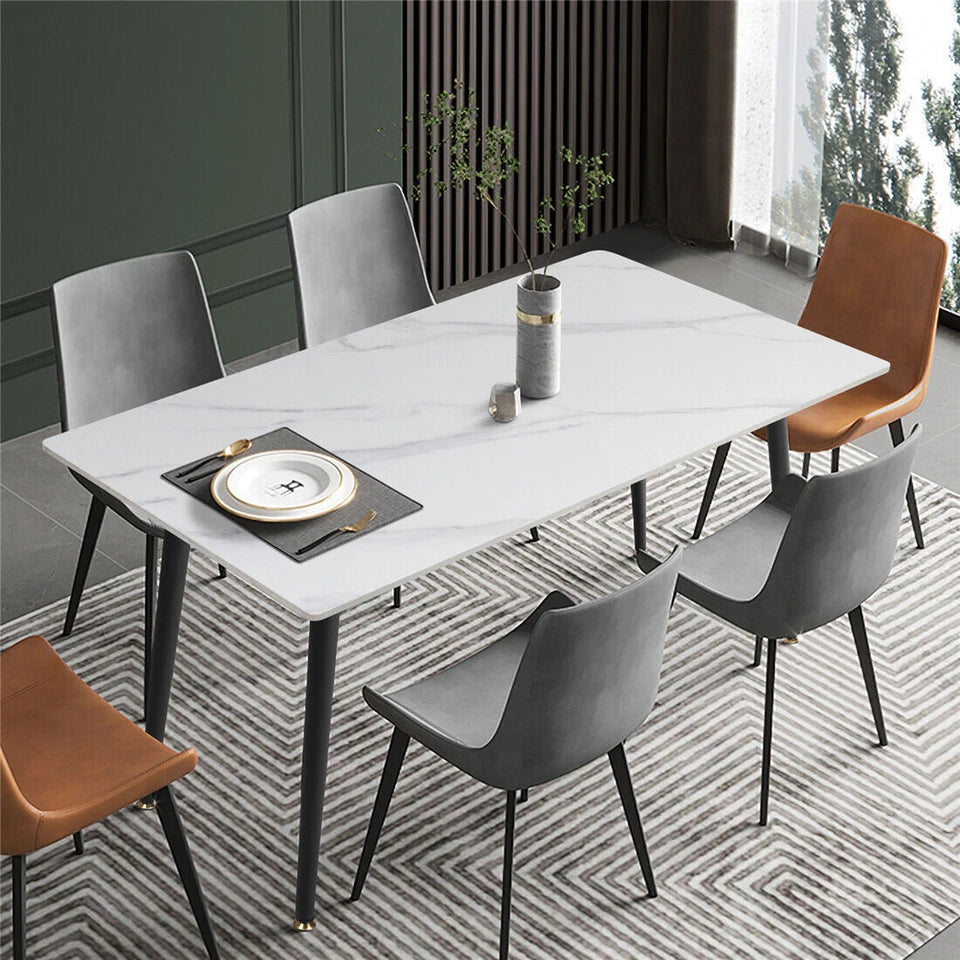 White Stone Dining Table With Black Frame For Stylish Contemporary Rooms