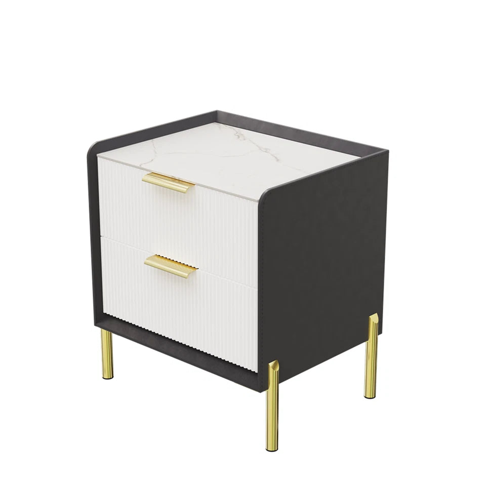 White & Grey Bedside Table With Sintered Stone Top And Storage Drawers