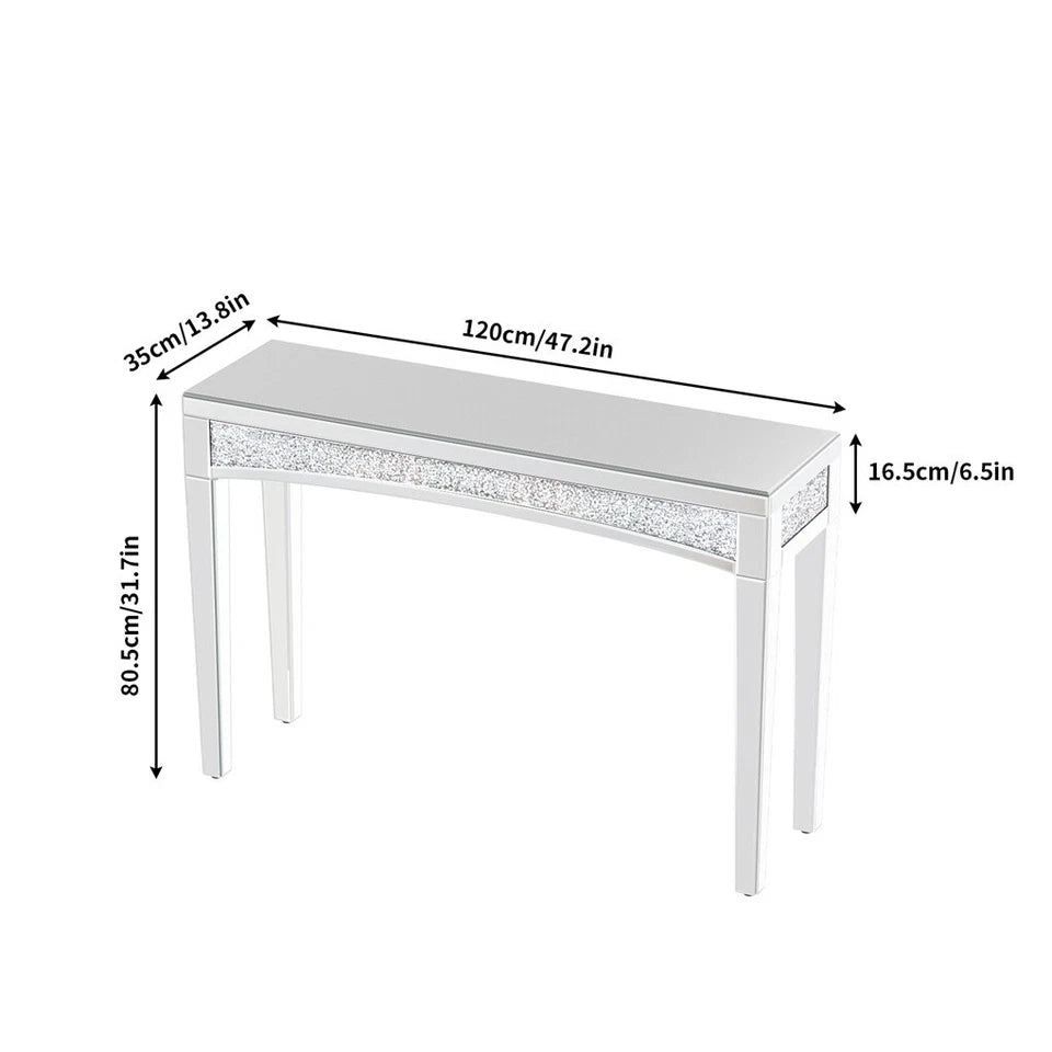 Silver Crushed Diamond Console Table With Mirror Finish And Glass Legs