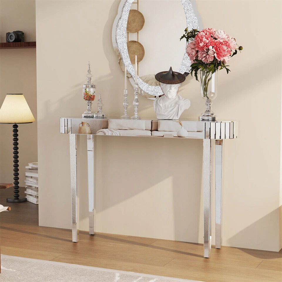 Silver Mirrored Console Table With Oval Frame And Chic Modern Finish