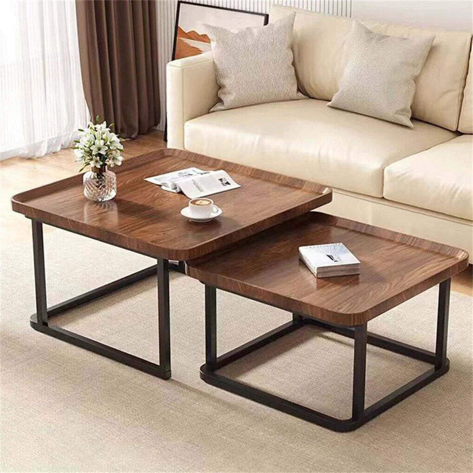 Walnut and Black Square Nesting Coffee Table Set with Industrial Charm