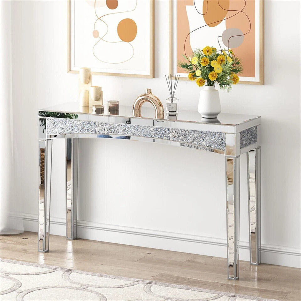 Silver Crushed Diamond Console Table With Mirror Finish And Glass Legs