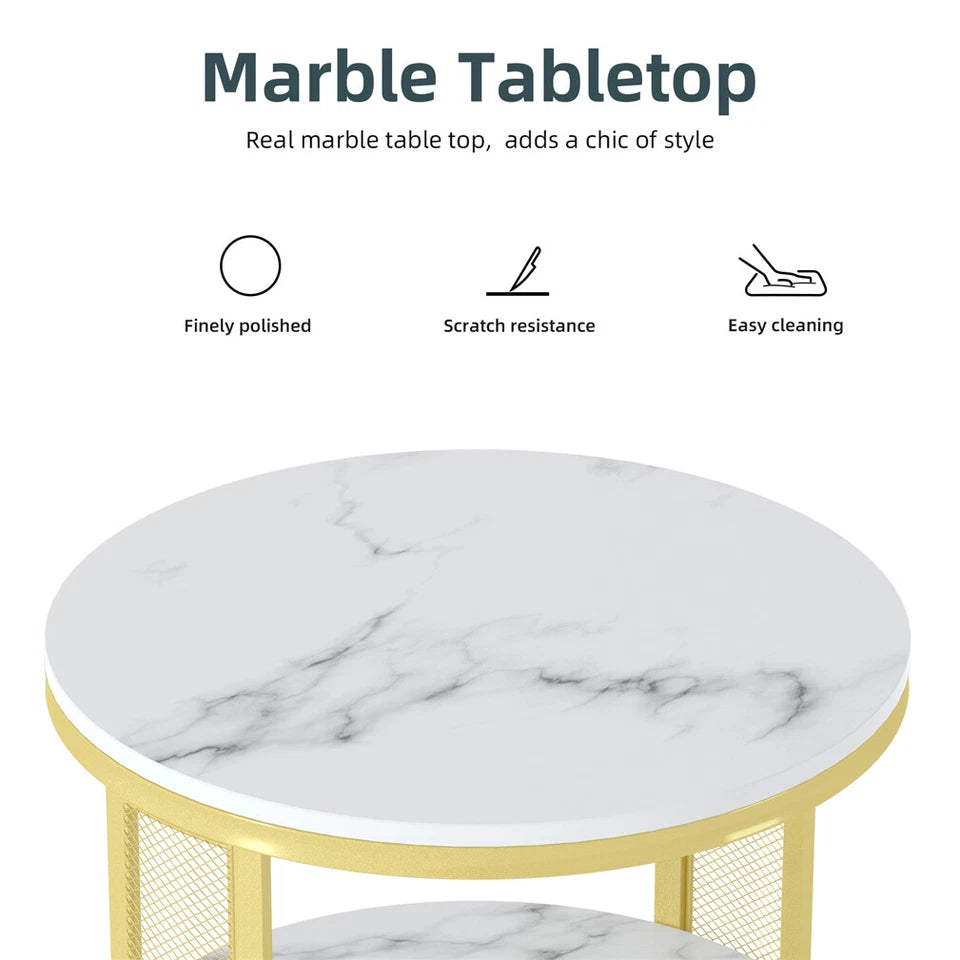 White Marble Side End Table Round Coffee Accent Table Nightstand Gold Iron Frame