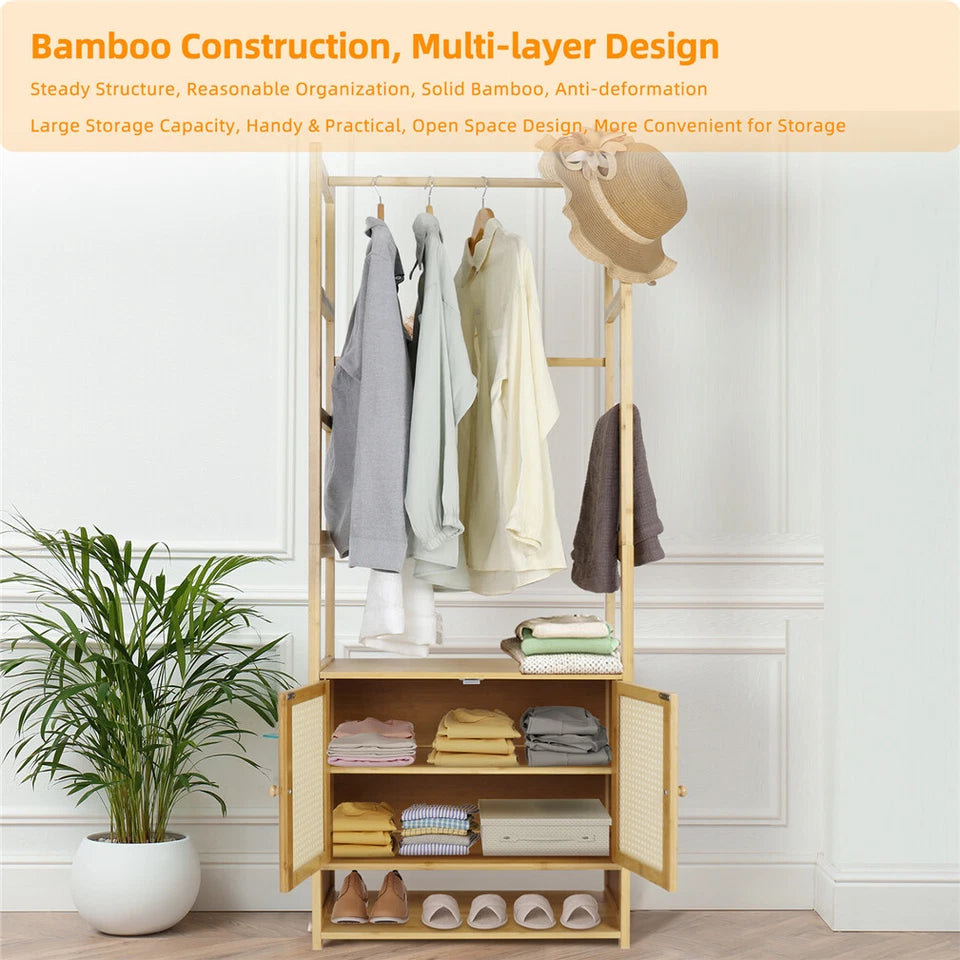 Natural Wood Modern Bamboo Clothes Rack with Storage Cabinet & Hooks