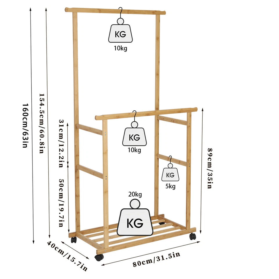 Heavy Duty Bamboo Garment Rack Freestanding Rolling Clothes Trousers Scarf Rack