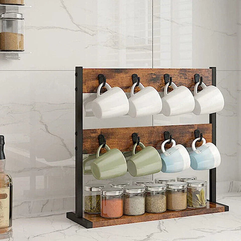 Heavy Duty Wall Mount Coffee Teacup Mug Rack Wood 12 Hook Holder Display Storage