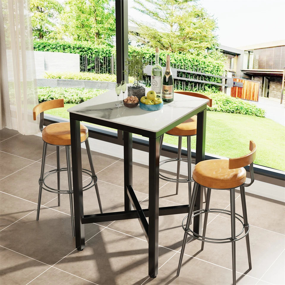 Glossy Jaded White Square Bar Table With Sintered Stone Top And Black X Base