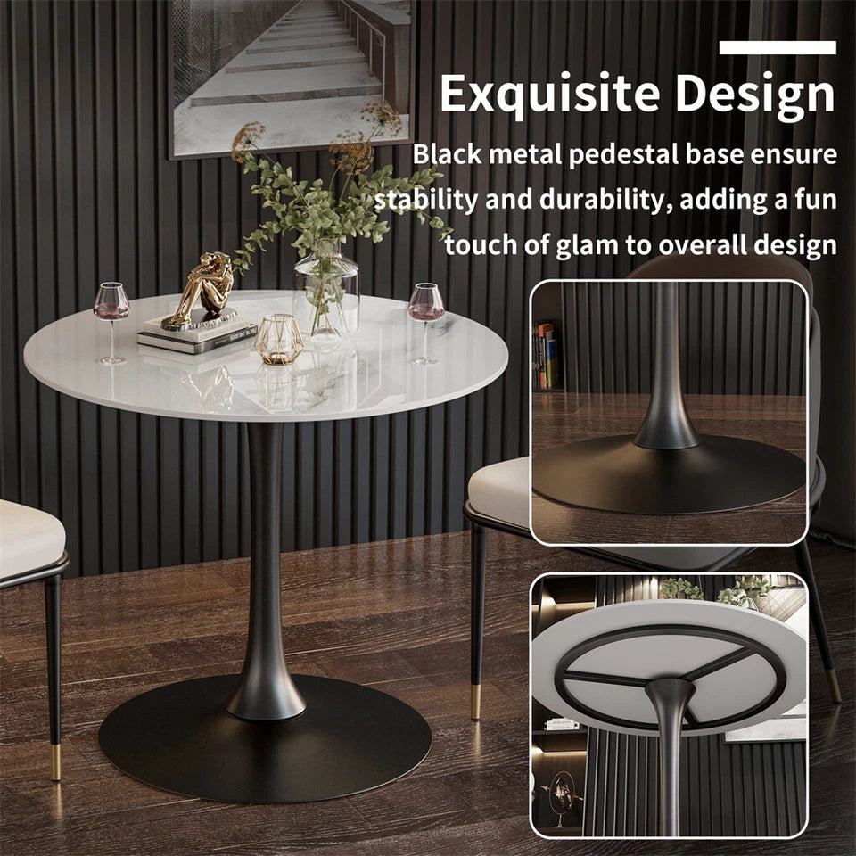 White Round Sintered Stone Bar Table, Black Base Bistro High Top Space Saver