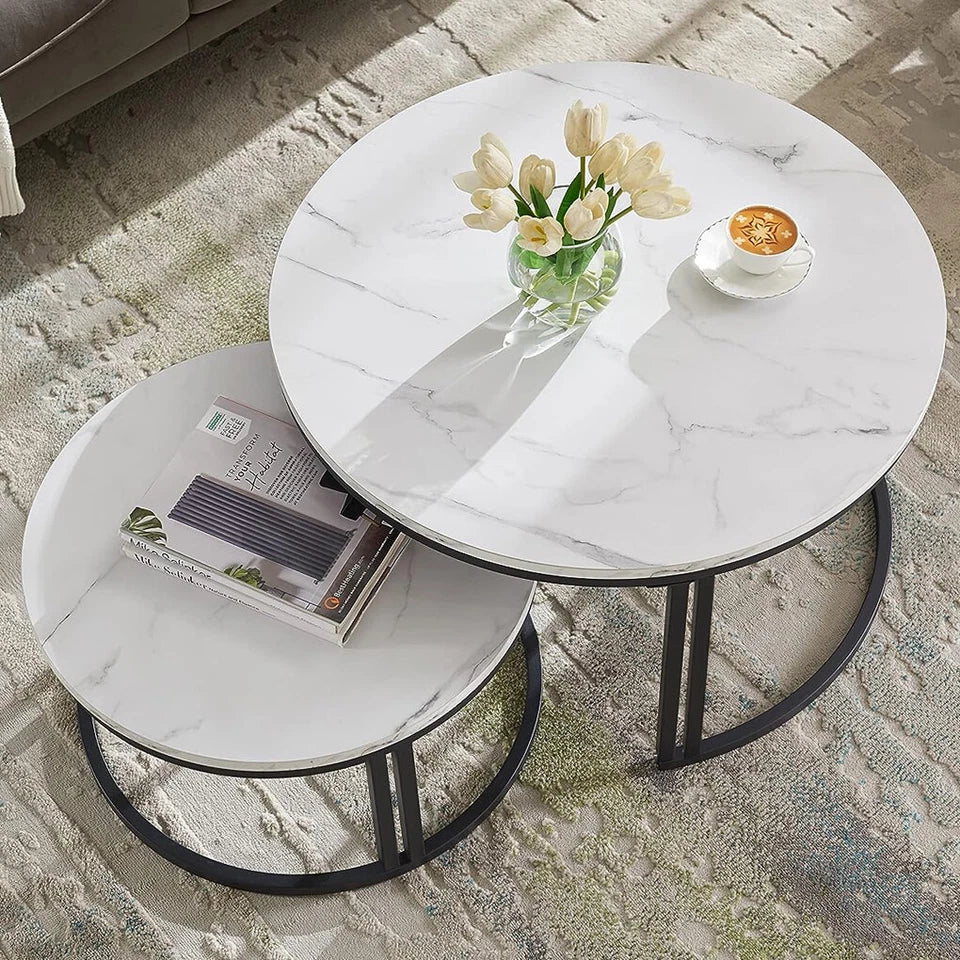 White and Gray Sintered Stone Round Nesting Coffee Tables with Metal Base