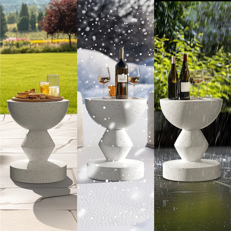 White Concrete Side Table With Sculpted Design For Indoor Or Patio Use