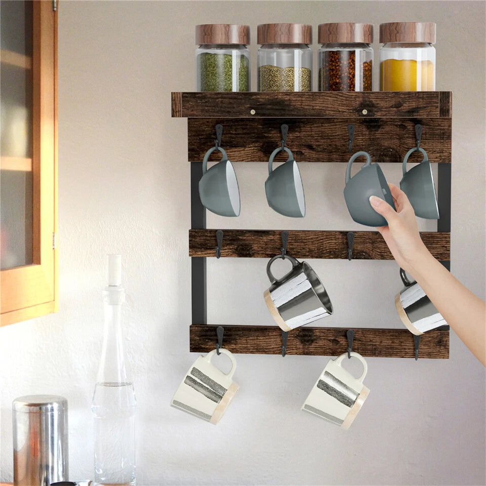 Wall Mounted Shelf Mug Cup Cupboard Kitchen Organiser Hooks Hanging Rack Holder