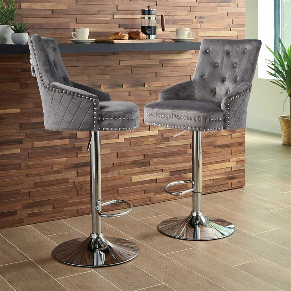 Gray Velvet Swivel Bar Stool With Lion Head Accent And Adjustable Chrome Base
