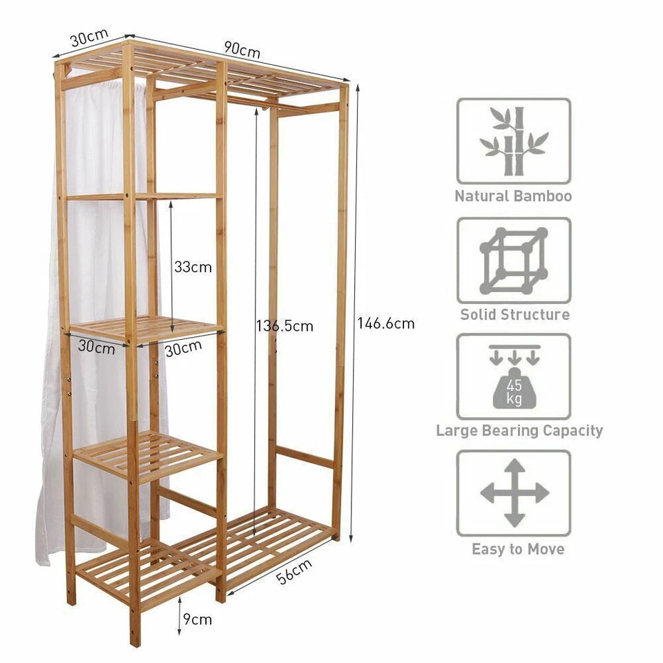 6 Tier Dustproof Bamboo Garment Clothes Rack Storage Shelves Closet Stand 4 Grid