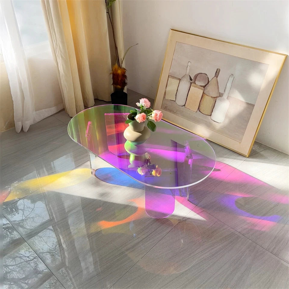 Iridescent Acrylic Coffee Table with Oval Design & Modern Rainbow Finish