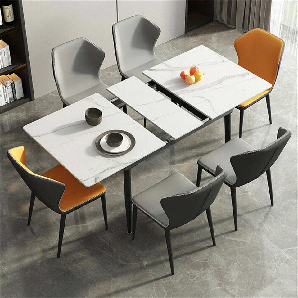 Glossy White Extendable Sintered Stone Dining Table With Sleek Metal Frame