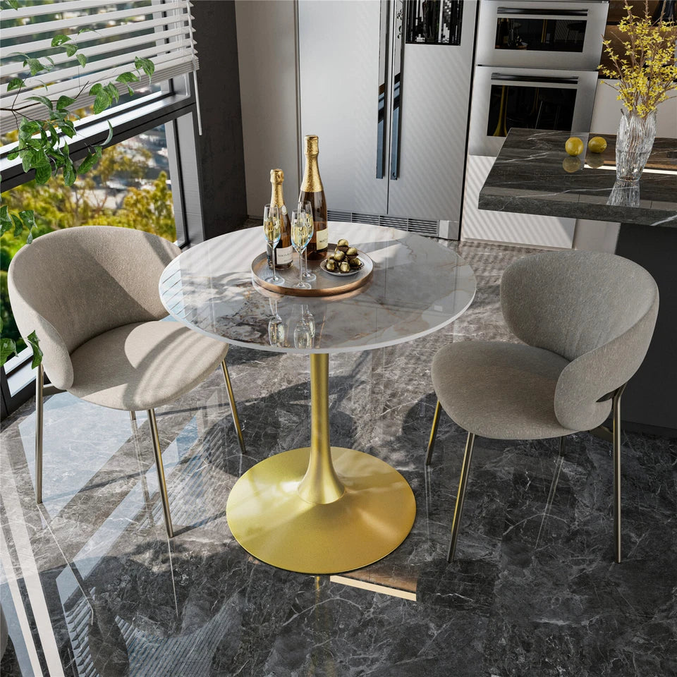 White Emerald Round Dining Table With Gold Base For Modern Small Space Living