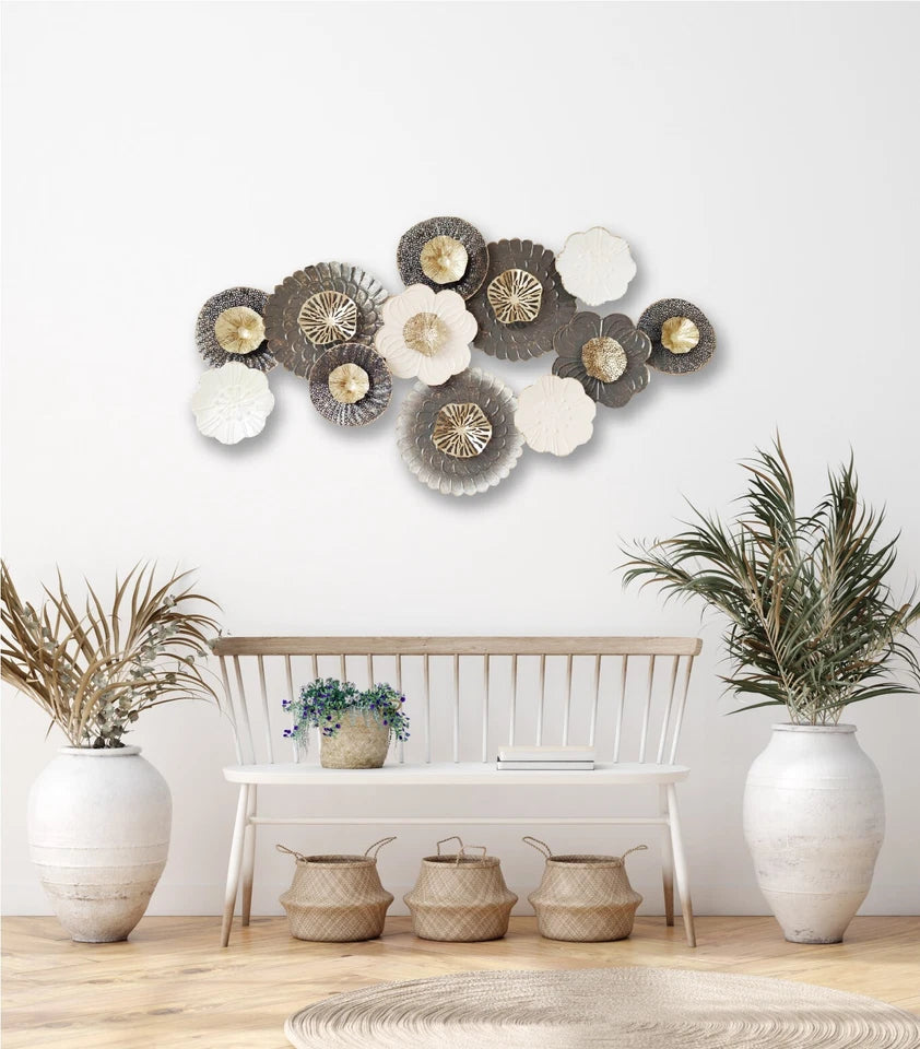 Gold, Grey & White Textured Metal Wall Art - Modern Flower Petal Cluster