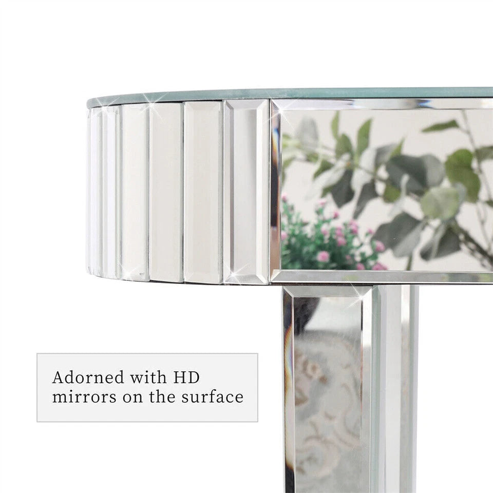 Silver Mirrored Console Table With Oval Frame And Chic Modern Finish