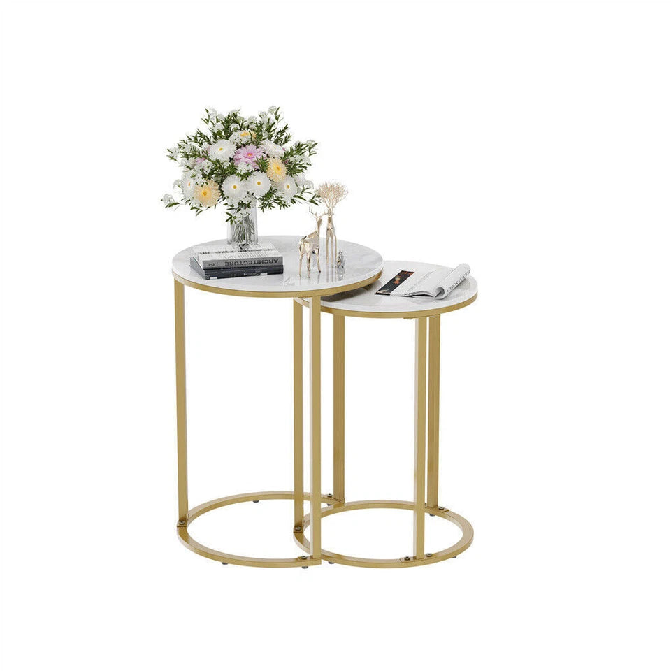 White Set of 2 Sintered Stone Nesting Side Tables With Gold Metal Legs
