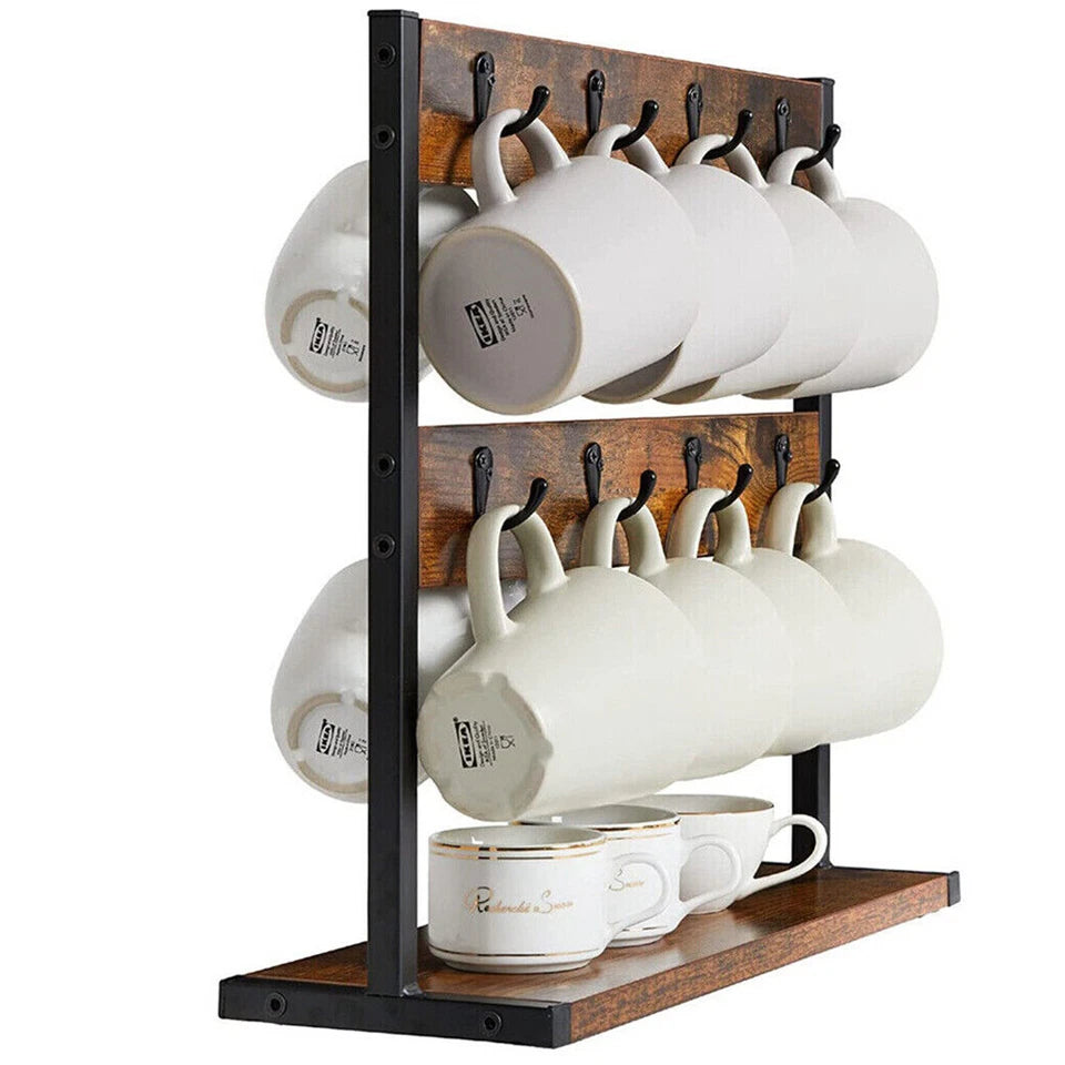 Heavy Duty Wall Mount Coffee Teacup Mug Rack Wood 12 Hook Holder Display Storage