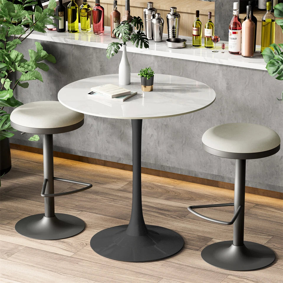 White Round Sintered Stone Bar Table, Black Base Bistro High Top Space Saver