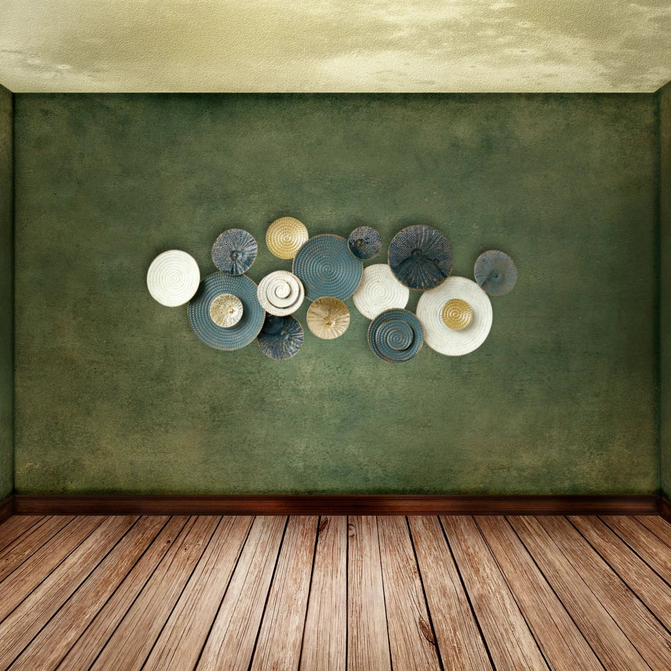 Blue, White and Gold Textured Circular Metal Wall Art for Elegant Home Styling