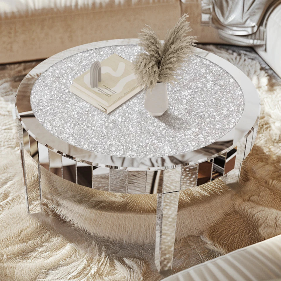 Silver Round Mirrored Coffee Table with Crushed Diamond Inlay Design