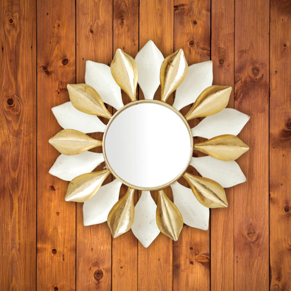 Gold Round Metal and Glass Wall Mirror with Elegant Pattern for Home Decor