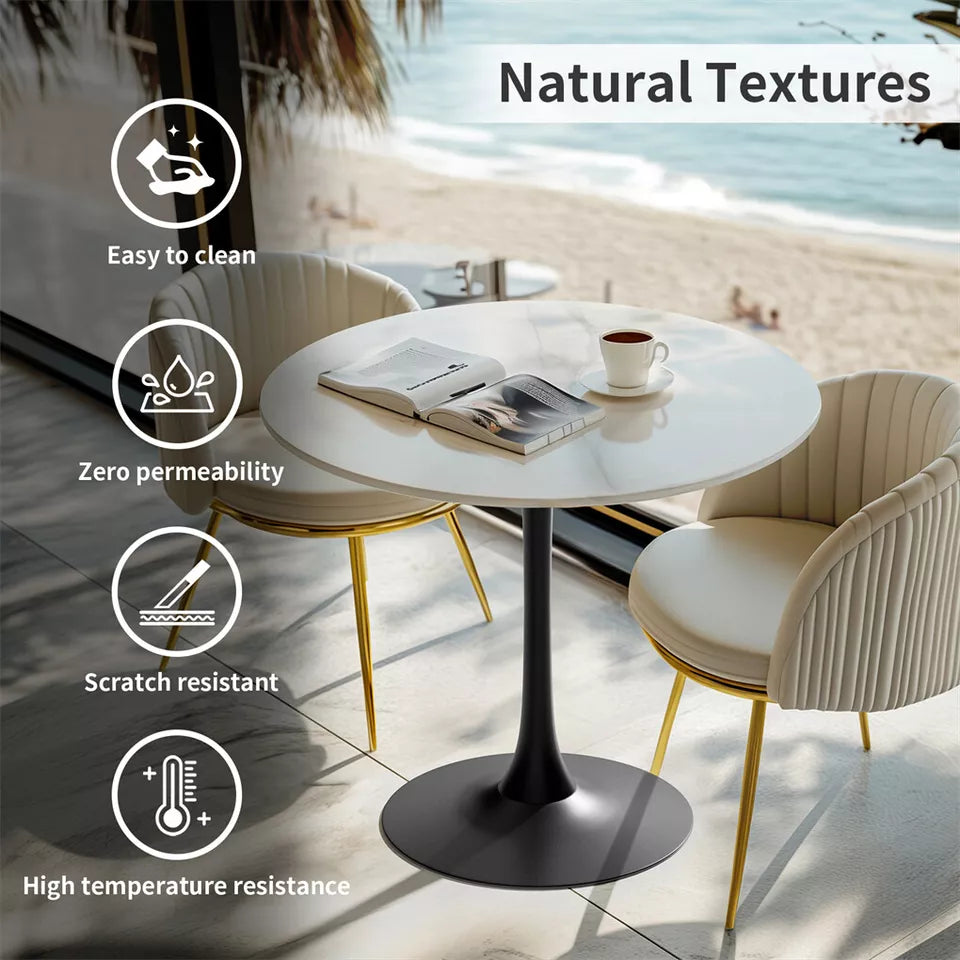White Round Sintered Stone Bar Table, Black Base Bistro High Top Space Saver