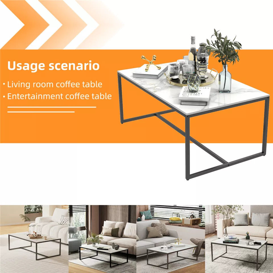 White Sintered Stone Rectangular Coffee Table with Minimalist Metal Frame