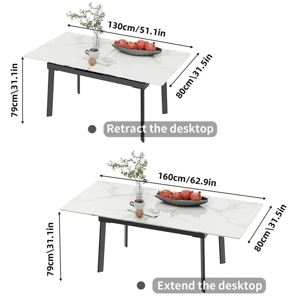 Glossy White Extendable Sintered Stone Dining Table With Sleek Metal Frame