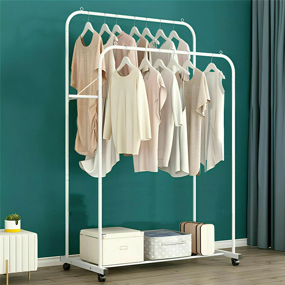 Thick Metal Rolling Clothes Rack with Shoe Organizer