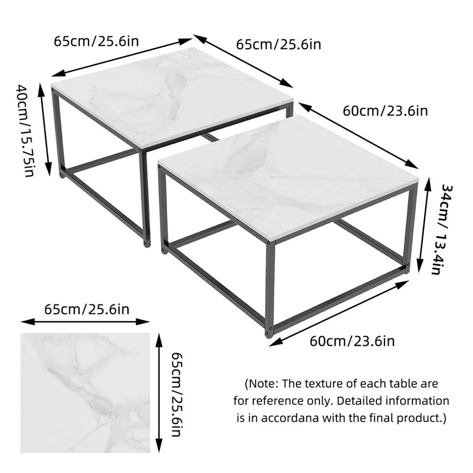 White Sintered Stone Rectangular Nesting Tables with Black Metal Frame