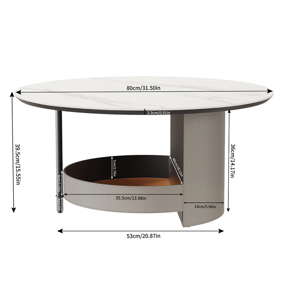 White & Grey Round Sintered Stone Coffee Table with Leather Storage Shelf