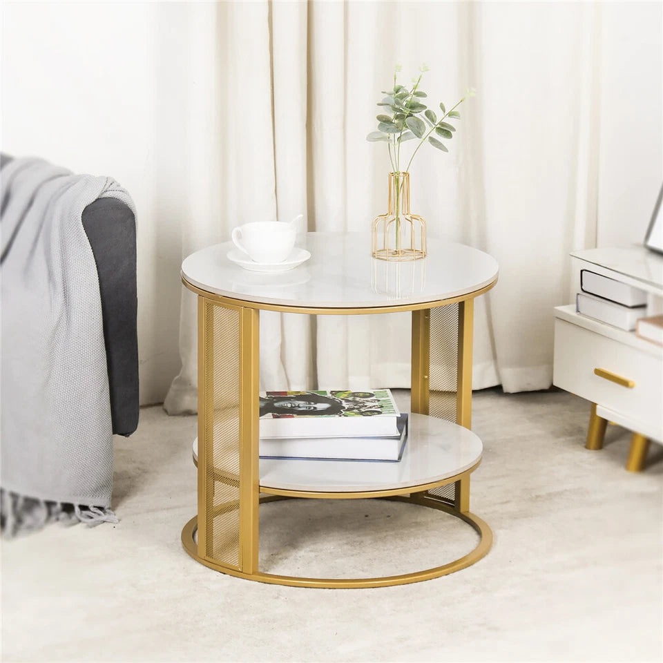 White Marble Side End Table Round Coffee Accent Table Nightstand Gold Iron Frame