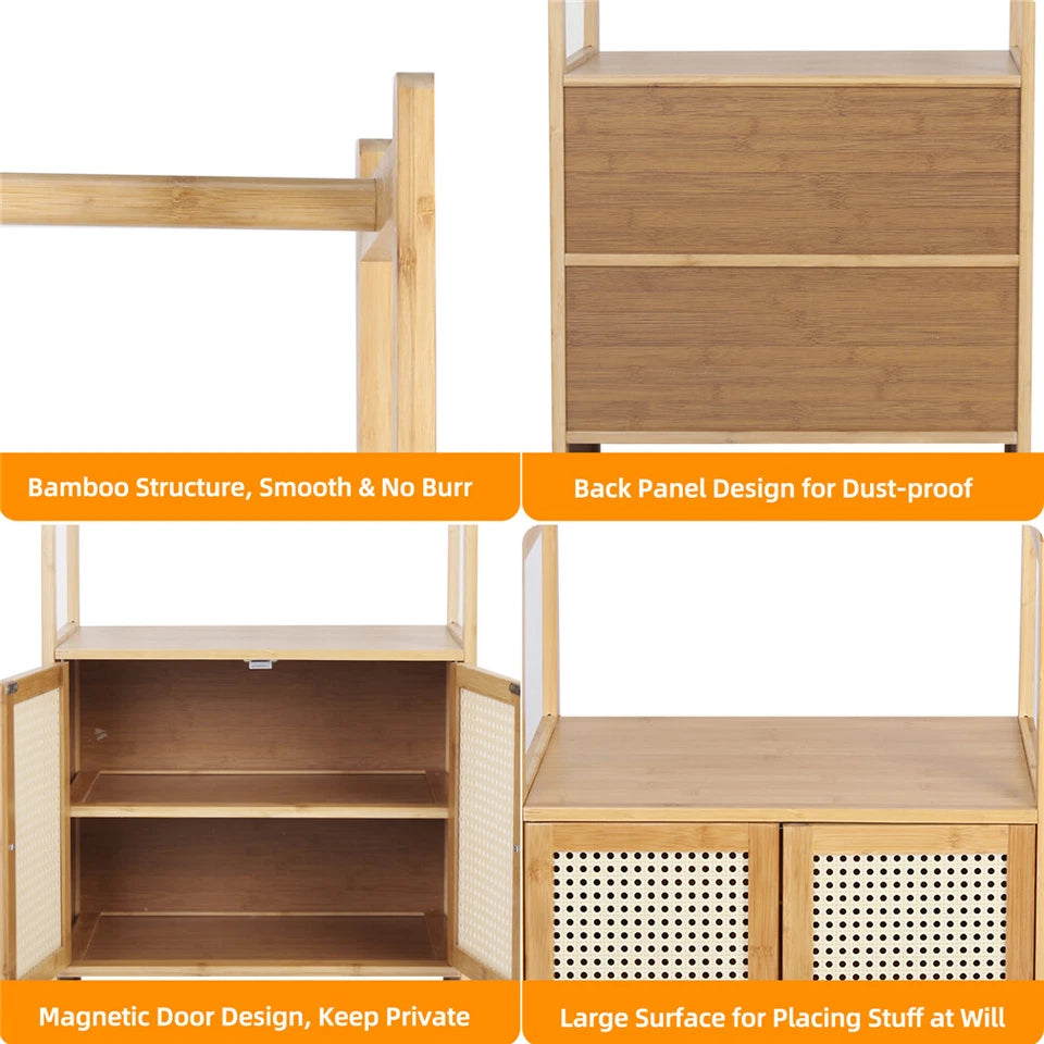 Natural Wood Modern Bamboo Clothes Rack with Storage Cabinet & Hooks