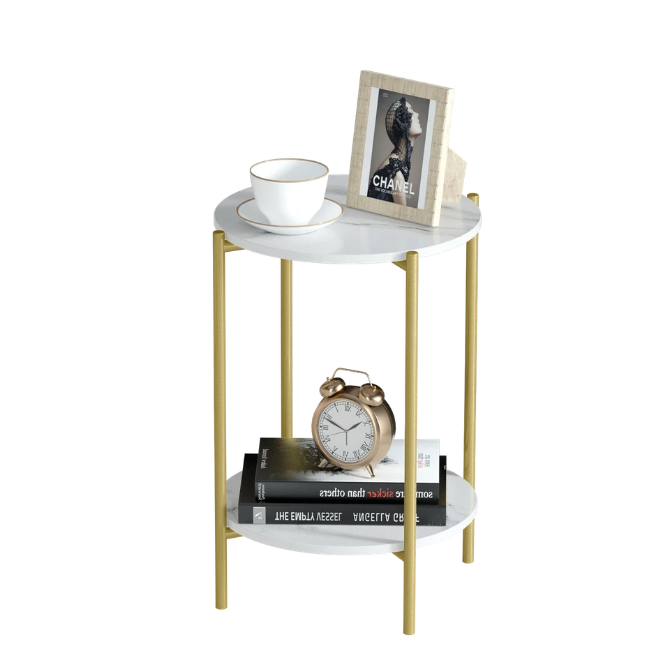 Sleek Marble End Table 2 Tier Coffee Table Nightstand With Thicken Metal Frame
