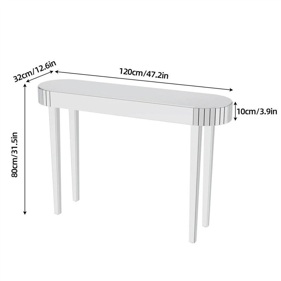 Silver Mirrored Console Table With Oval Frame And Chic Modern Finish