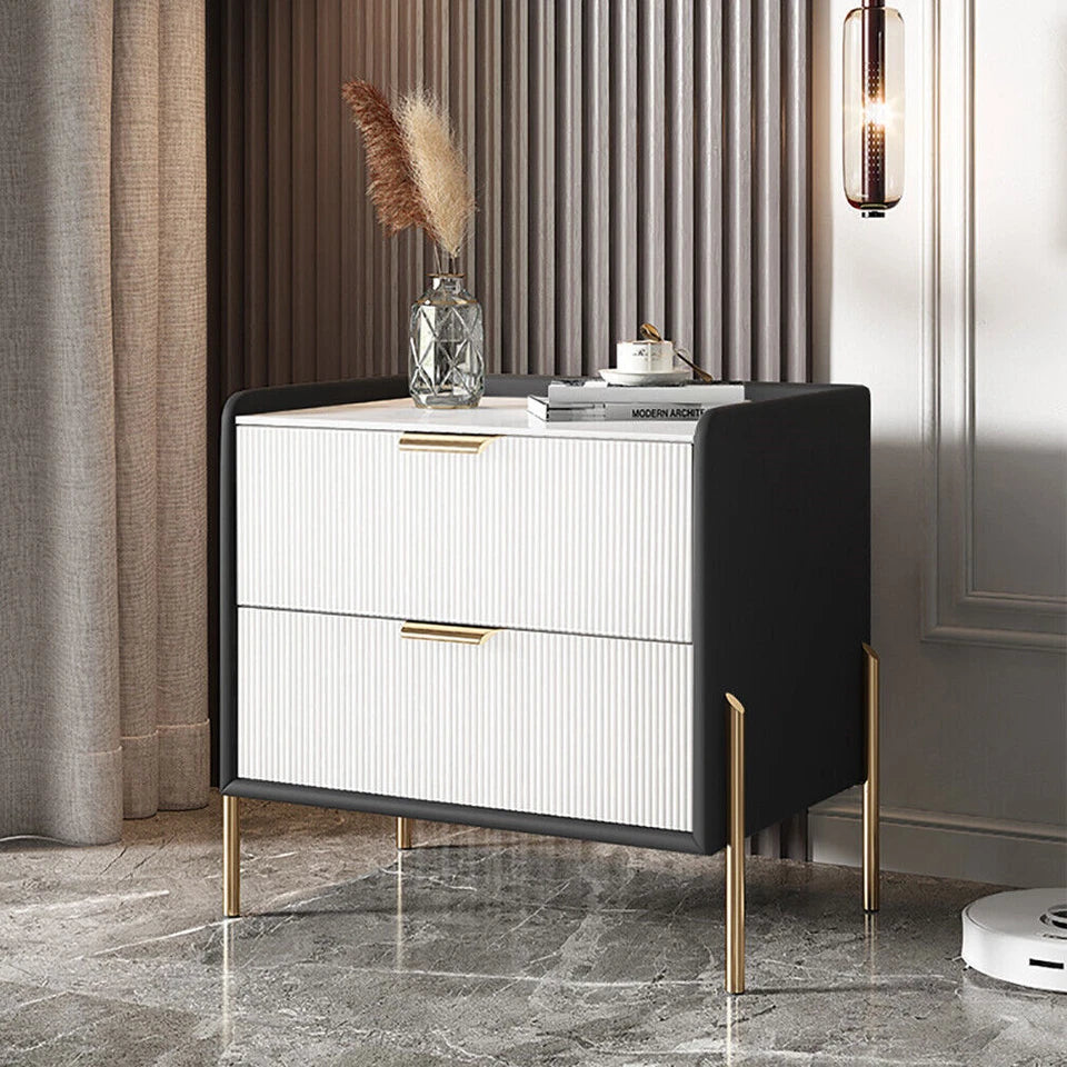 White & Grey Bedside Table With Sintered Stone Top And Storage Drawers