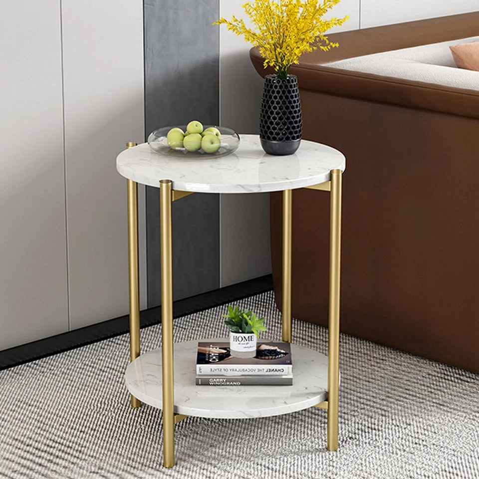 Sleek Marble End Table 2 Tier Coffee Table Nightstand With Thicken Metal Frame