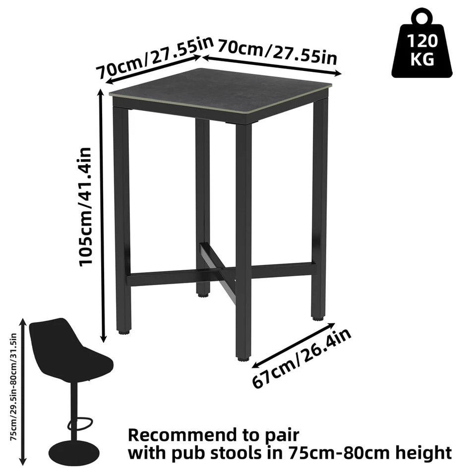 Matte Grey Square High-Top Bar Table With Sintered Stone Top And Sleek X Base