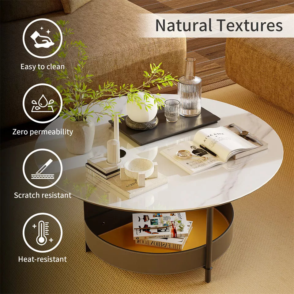 White & Grey Round Sintered Stone Coffee Table with Leather Storage Shelf