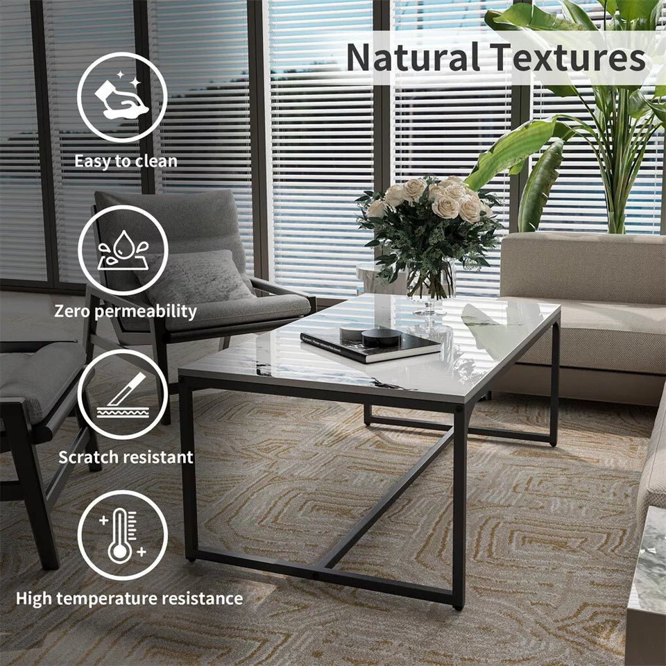 White & Black Rectangular Sintered Stone Coffee Table with Sleek Frame
