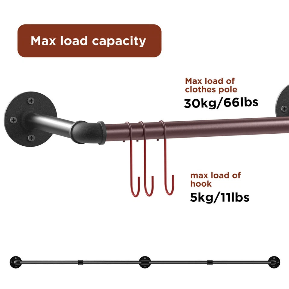 Super Long Garment Rail Industrial Vintage Pipe Clothes Rack Wall Floating Shelf