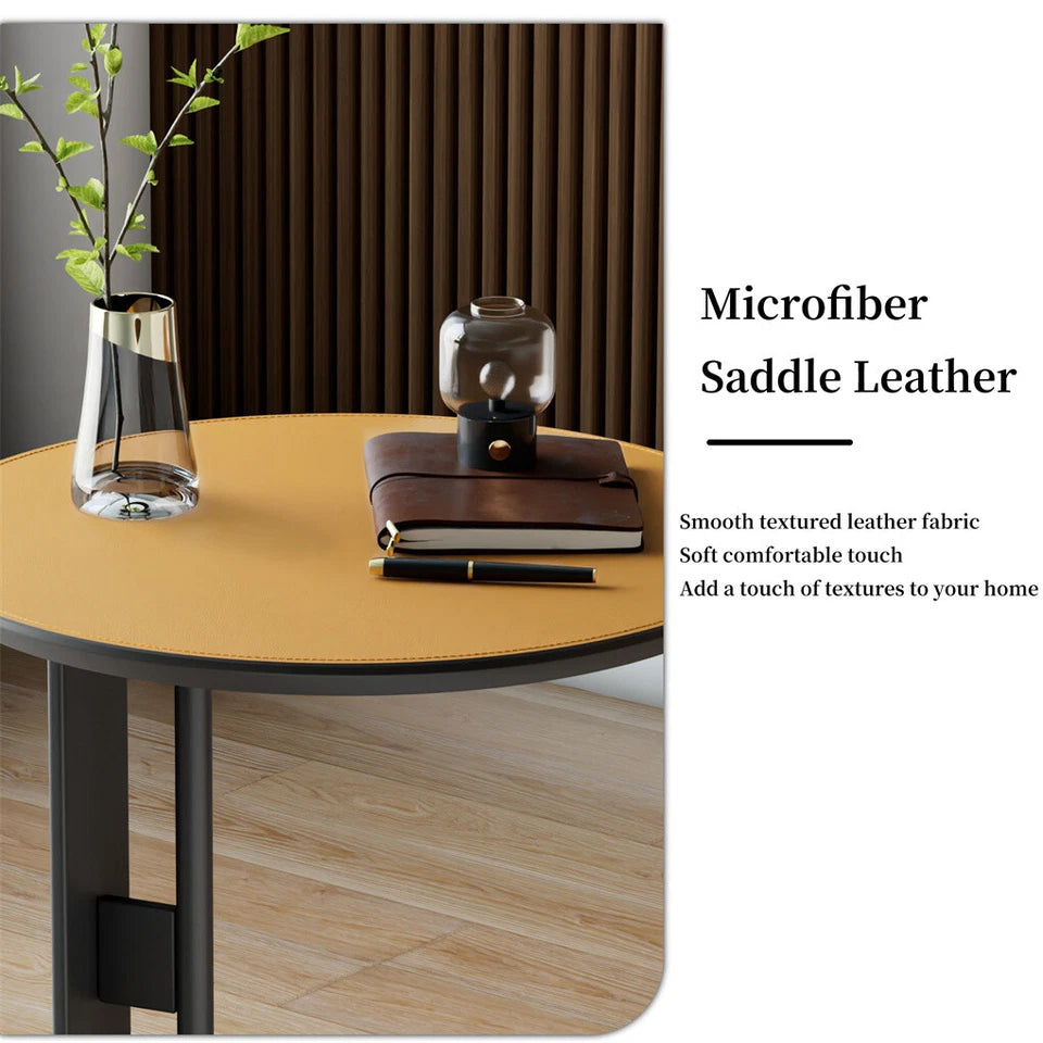 Orange Saddle Leather C-Shaped Side Table With Black Iron Frame Support